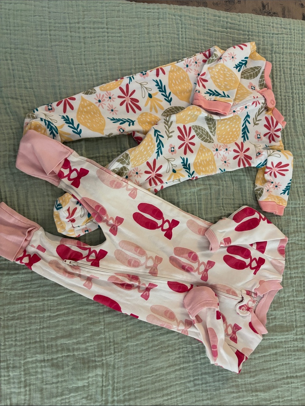 chick pea Girls Pink Floral & Lemon Print Pajama Sleepers